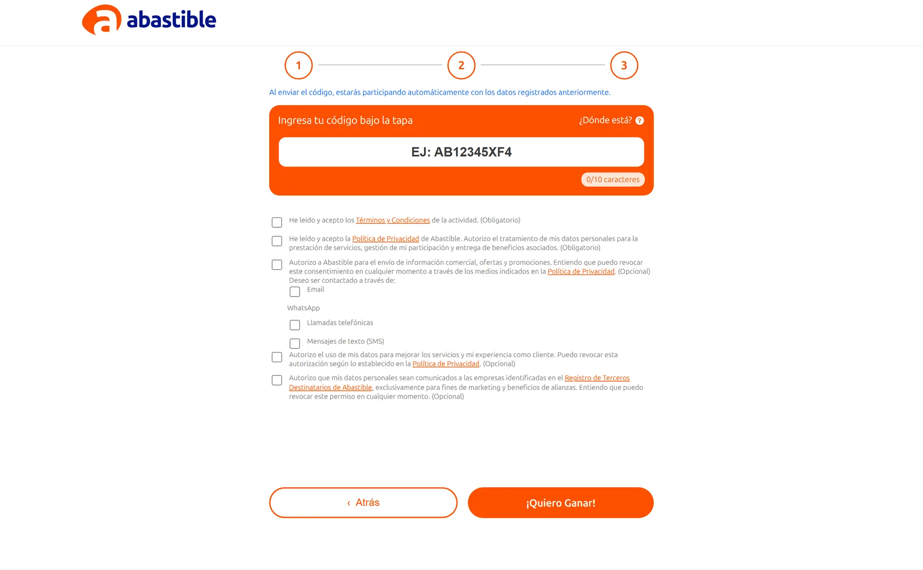 Pantalla de ingreso de código y consentimientos de Tapita Naranja