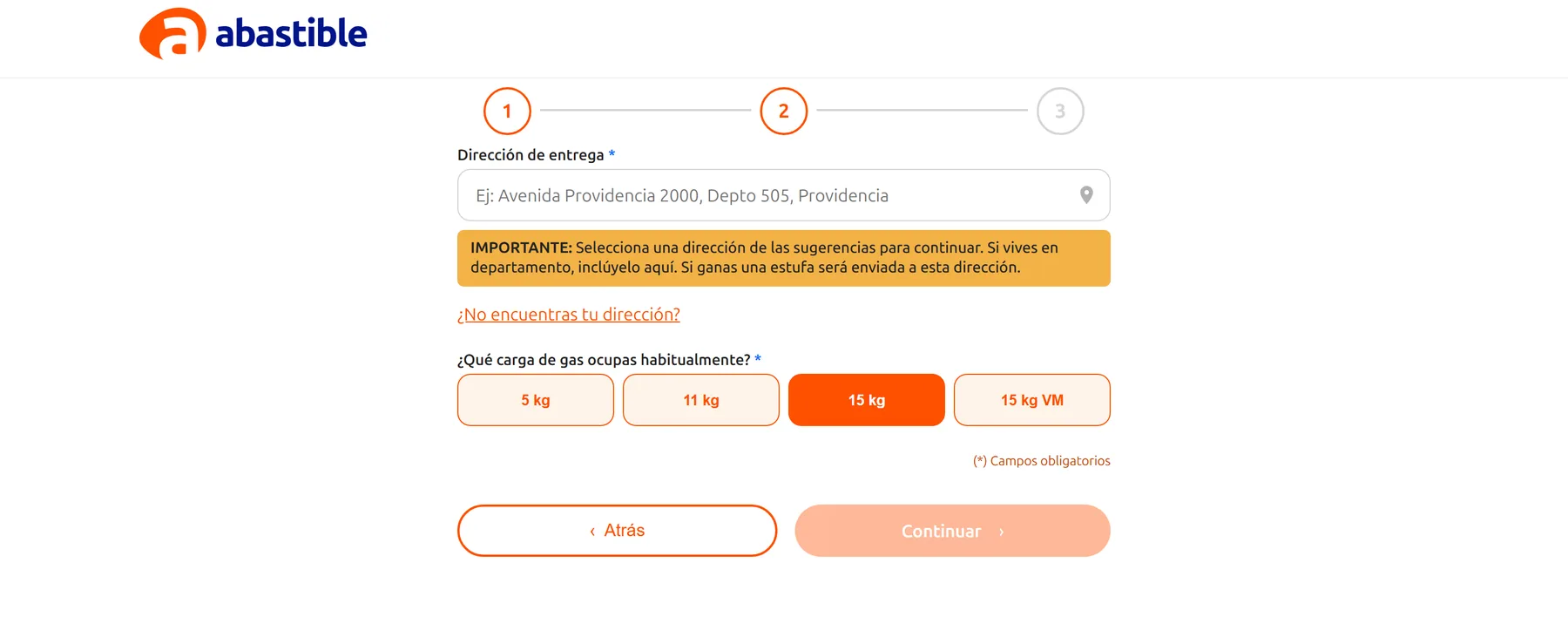 Pantalla de dirección de entrega de Tapita Naranja